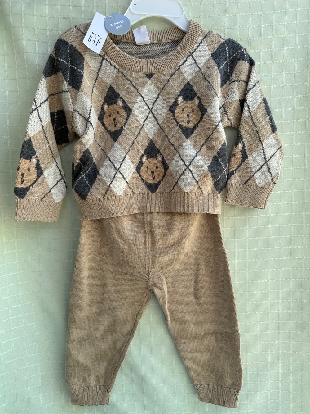 New GAP Kids Beige Argyle Cotton Knit Sweater Set with Bear Motif